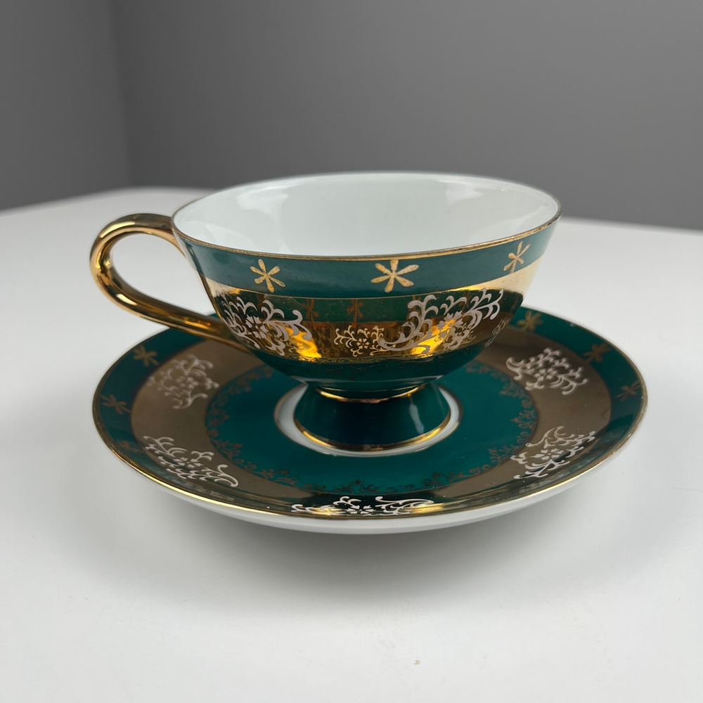 Shafford hand painted cup and saucer green gold made in Japan